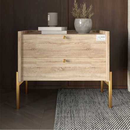 Тумба приліжкова LION Wood з двома шухлядами Дуб Сонома (золоті ножки) (LION-041351)
