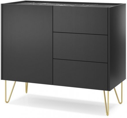 Комод Perfect Home Гармони / Harmony 1-дверний з 3 шухлядами і золотими ніжками KSZ97 Чорний/чорний мармур роял (PFH-091182)