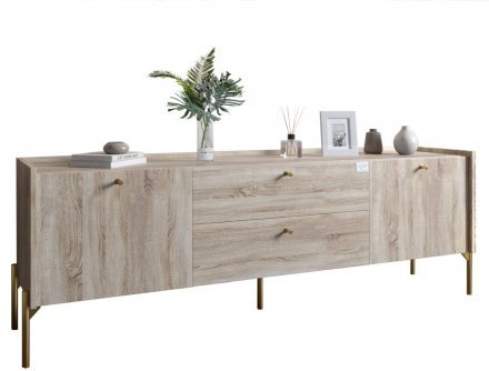 Тумба під телевізор з шухлядами LION Wood з золотими ніжками 160х65х40 см Дуб Сонома (LION-043115)