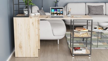 Стіл-тумба трансформер Смарт 3/2 з етажеркою Ferrum-decor 1430x1450x600 Чорний метал ДСП Дуб Сан-Марино 16 мм (FRD-105117)