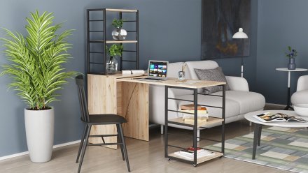 Стіл-тумба трансформер Смарт 3/2 з етажеркою Ferrum-decor 1430x1450x600 Чорний метал ДСП Дуб Сан-Марино 16 мм (FRD-105117)
