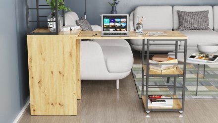 Стіл-тумба трансформер Смарт 3/2 з етажеркою Ferrum-decor 1430x1450x600 Чорний метал ДСП Дуб Артизан 16 мм (FRD-105121)