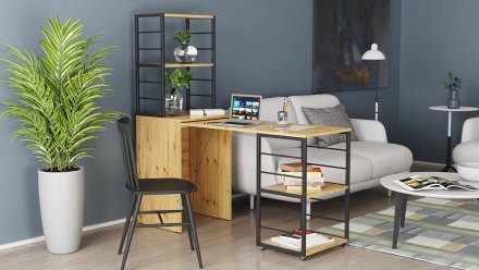 Стіл-тумба трансформер Смарт 3/2 з етажеркою Ferrum-decor 1430x1450x600 Чорний метал ДСП Дуб Артизан 16 мм (FRD-105121)