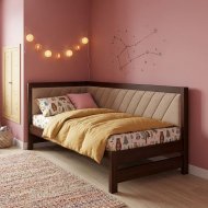 Односпальне дерев'яне ліжко Mebigrand Ліза М6 (ліва спинка) Горіх темний/Аляска 23 (Бежевий) 90x200 см MBG-26112