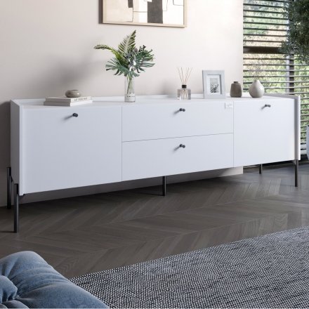 Тумба під телевізор з шухлядами LION Wood з чорними ніжками 160х65х40 см Німфея Альба (білий) (LION-043132)