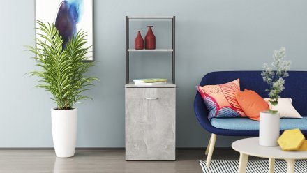 Стіл-тумба трансформер Смарт 4/1 з етажеркою Ferrum-decor 1430x1450x500 Чорний метал ДСП Бетон 16 мм (FRD-105129)