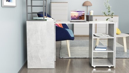 Стіл-тумба трансформер Смарт 4/1 з етажеркою Ferrum-decor 1430x1450x500 Чорний метал ДСП Бетон 16 мм (FRD-105129)