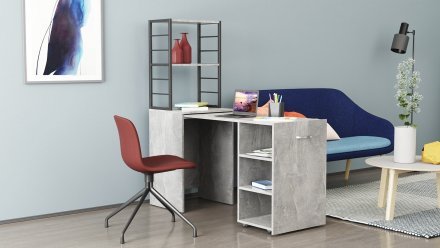 Стіл-тумба трансформер Смарт 4/1 з етажеркою Ferrum-decor 1430x1450x500 Чорний метал ДСП Бетон 16 мм (FRD-105129)