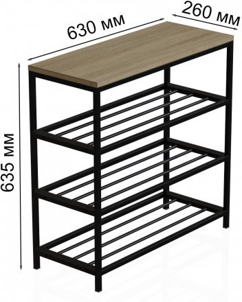 Полиця для взуття Слайм 3 Ferrum-decor 635x630x260 Чорний метал ДСП Дуб Сонома 16 мм (FRD-105158)