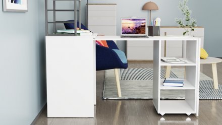 Стіл-тумба трансформер Смарт 4/2 з етажеркою Ferrum-decor 1430x1450x600 Чорний метал ДСП Біле 16 мм (FRD-105130)