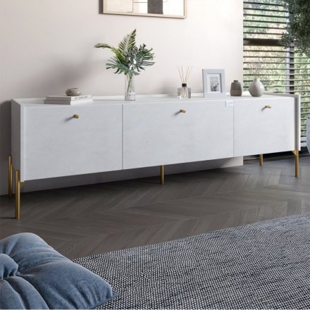 Тумба під телевізор на 3 шухляди LION Wood з золотими ніжками 160х65х40 см Бетон style (LION-042988)