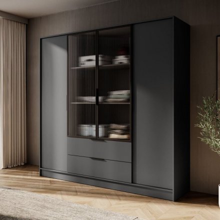 Гардеробна / шафа для одягу Perfect Home Келлі / Kelly 4DRM 4-дверна з центральними прозорими дверцятами та додатковими полицями Графіт (PFH-091896) Гардеробна / шафа для одягу Perfect Home Келлі / Kelly 4DRM 4-дверна з центральними прозорими дверцятами та додатковими полицями Графіт (PFH-091896)
