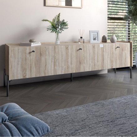 Тумба під телевізор на 3 шухляди LION Wood з чорними ніжками 160х65х40 см Дуб Сонома (LION-043100)