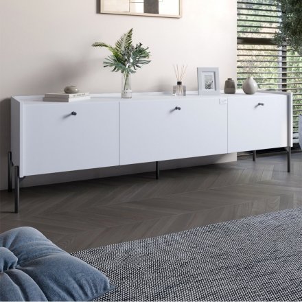 Тумба під телевізор на 3 шухляди LION Wood з чорними ніжками 160х65х40 см Німфея Альба (білий) (LION-043102)